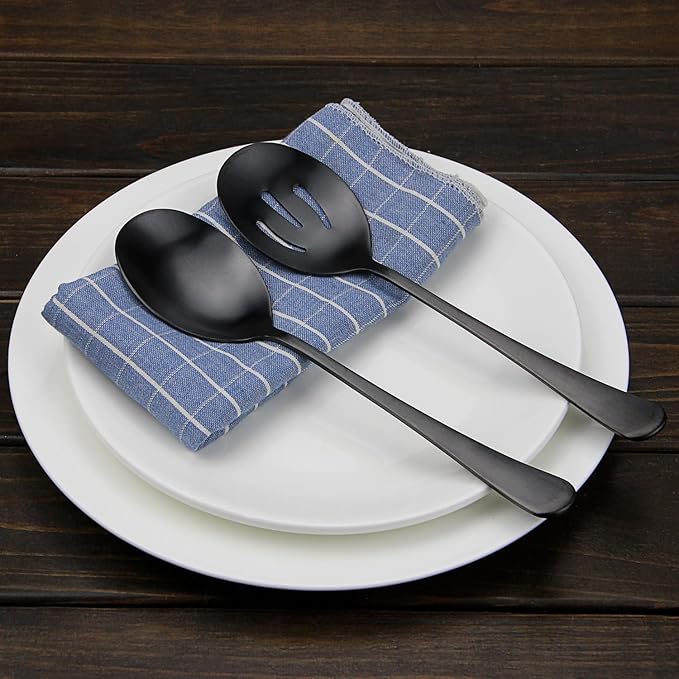 Serving Spoons Set, Black Stainless Steel, 8.7 Inch, Slotted and Solid Serving Utensils for Party