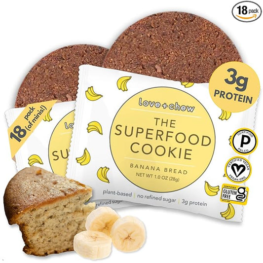 Love + Chew Soft Baked Protein Cookies, Gluten Free | (18) Count Banana Bread Minis | Vegan, Paleo