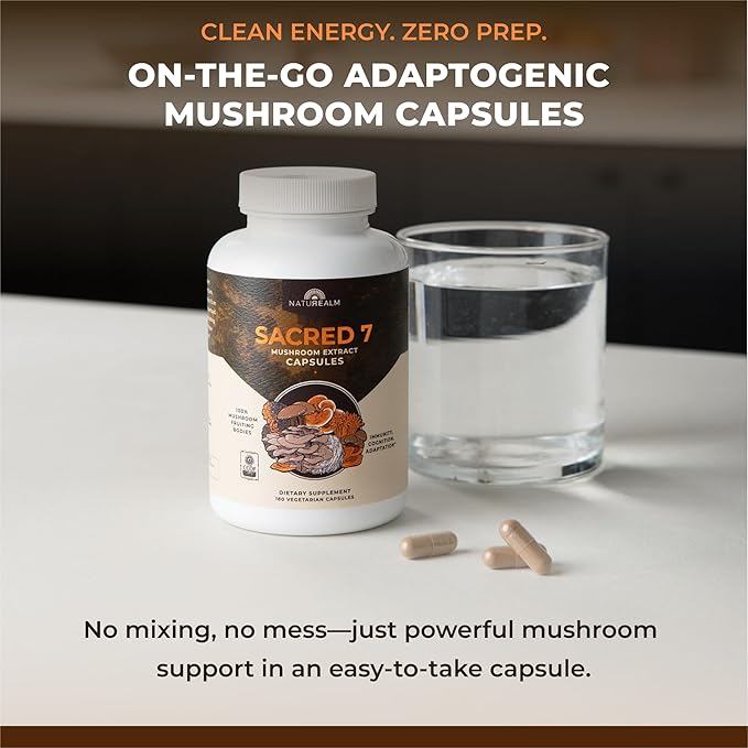 Naturealm Sacred 7 Organic Mushroom Extract Capsules - Premium 7 Mushroom Supplement with Lions