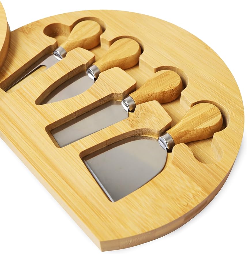 RoyalHouse Bamboo Round Cheese Board and 4 Knives Set with Slide-Out Cutlery Drawer - Charcuterie