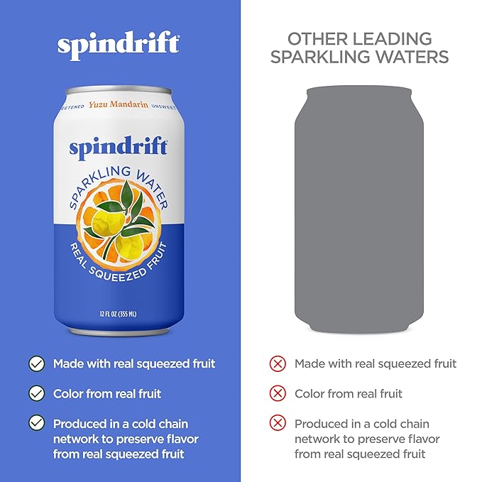 Spindrift Sparkling Water, Yuzu Mandarin Flavored, Made with Real Squeezed Fruit, 12 Fl OZ Cans
