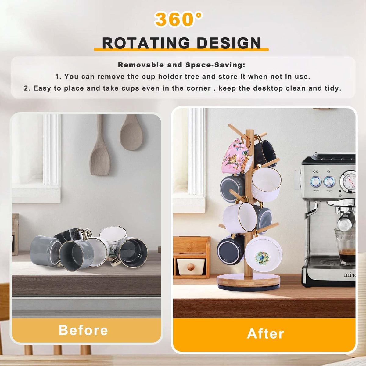Krispmaild Mug Holder Tree, Upgraded 360° Rotated 8 Hooks Coffee Mug Holders for Counter, Bamboo