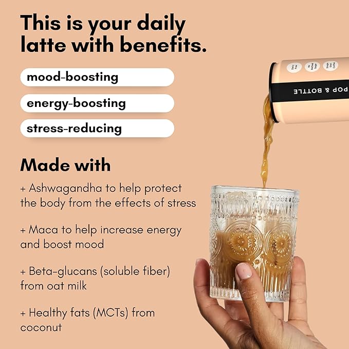 Pop & Bottle, Oat Milk Lattes - Cold Brew with Adaptogens, Maca, Ashwagandha, MCT Oil, Oat Milk