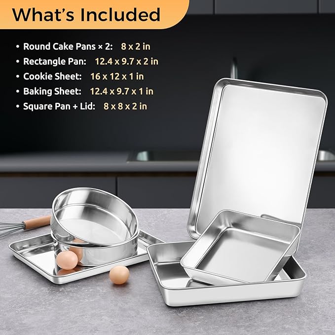 E-far Stainless Steel Baking Pan Set, 6-Piece Metal Bakeware Sets Include Cookie Sheet, Round