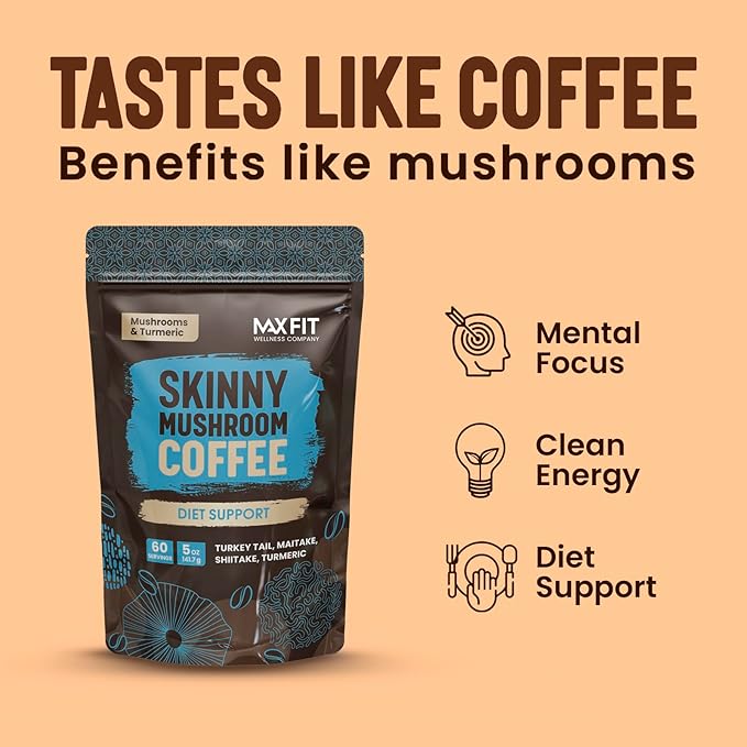 Skinny Instant Mushroom Coffee (60 Servings) Mental Focus Plus Diet Support - Turkey Tail, Maitake
