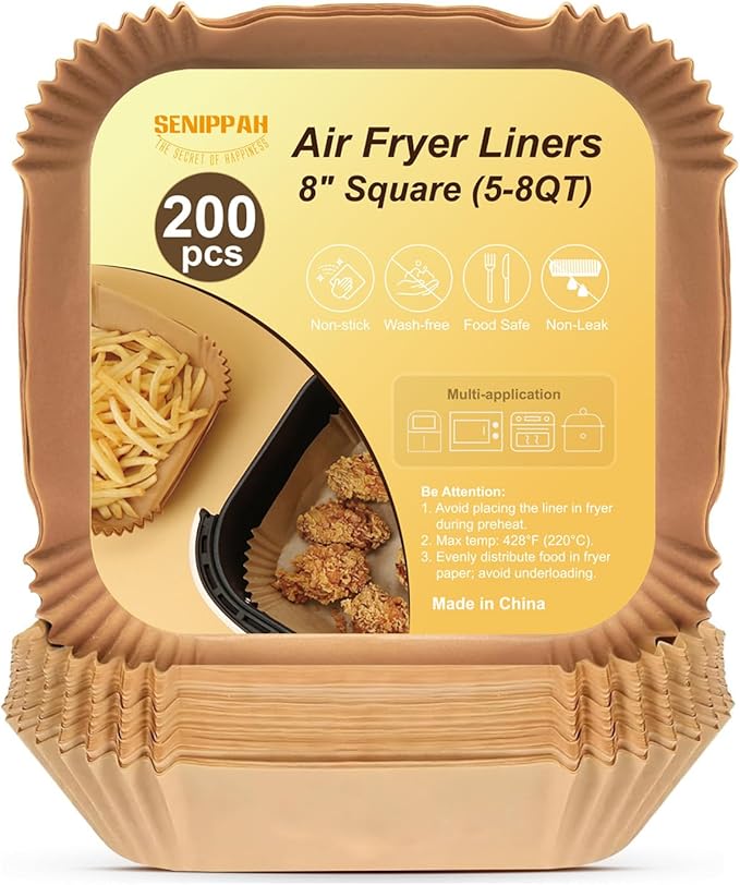 200 Pcs 8" Air Fryer Liner Square Baking Parchment Paper Airfryer Liners,Unbleached Disposable