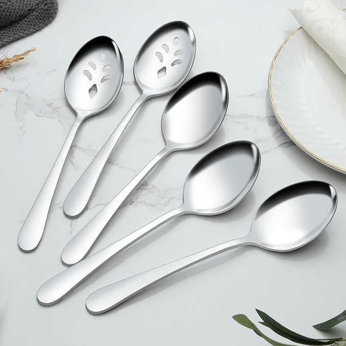BEWOS 12-Piece Serving Spoons Set, 6 Serving Spoon and 6 Slotted Spoons, 9.1-Inch Utensils Set for