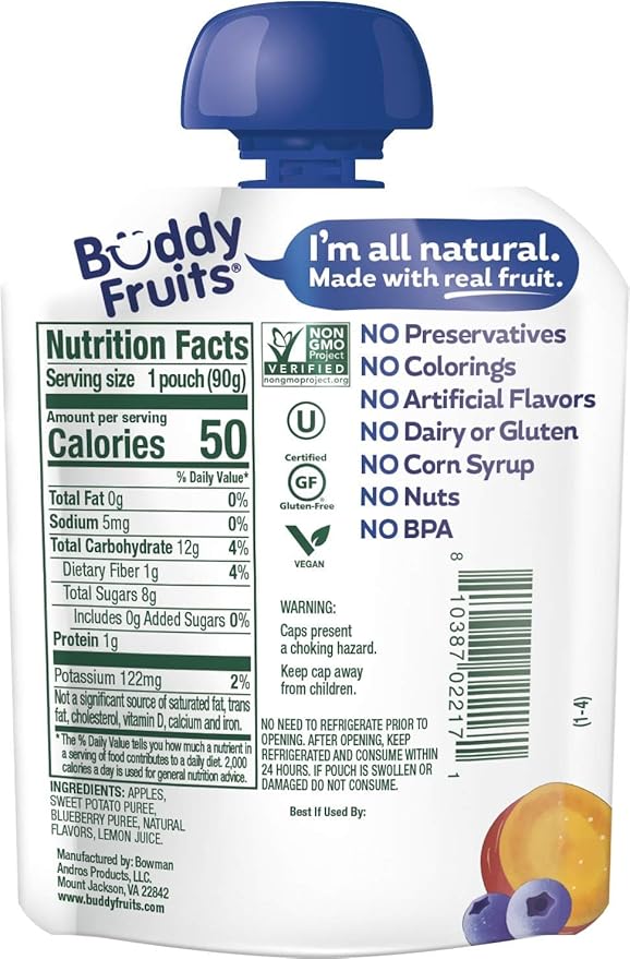 Buddy Fruits & Veggies Snacks To Go Blueberry Sweet Potato Unsweetened Applesauce 3.2oz (18pk)