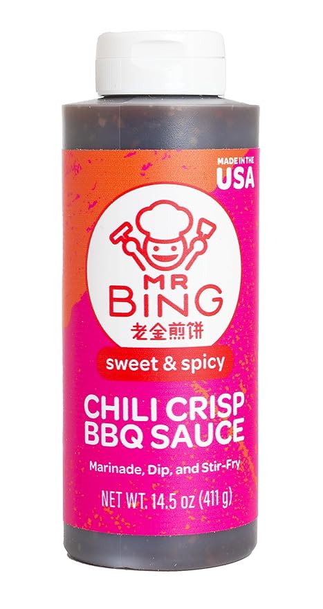 Mr. Bing Sweet & Spicy Chili Crisp BBQ Sauce, 14.5 oz, Marinade Dip and Stir-Fry Sauce, Made in