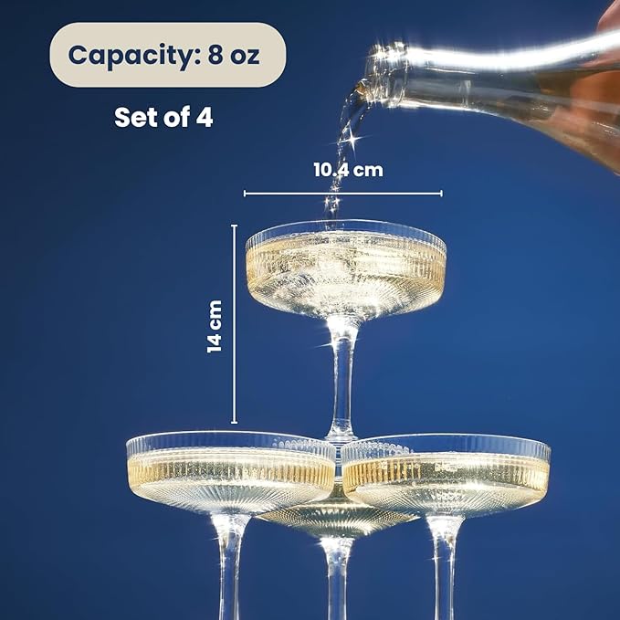 Khen Ribbed Vintage Art Deco Coupe Glasses - Martini, Champagne & Cocktail Ribbed Glasses 8oz |