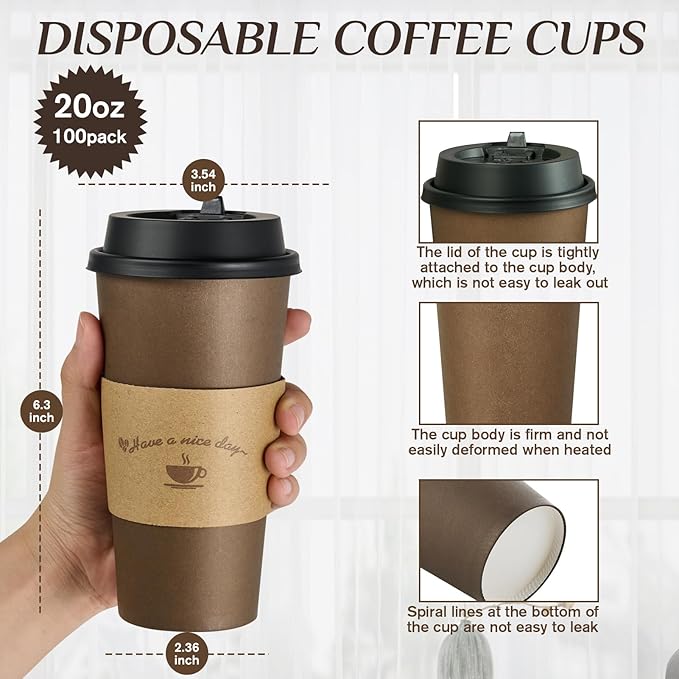 LITOPAK 100 Pack 20 oz Paper Coffee Cups, Brown Disposable Coffee Cups with Lids, Sleeves, Sticks