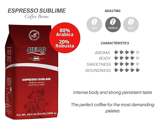 Aiello Caffe Italian Espresso Coffee Beans 2.2 LB Bag, Medium Whole Bean Coffee Freshly Roasted and