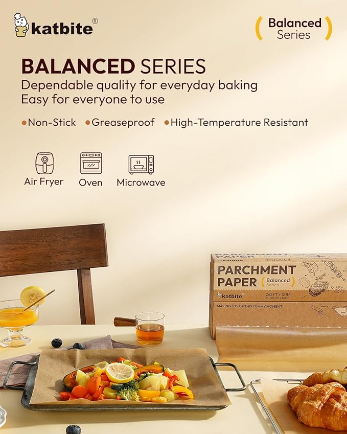 Katbite 12in x 262ft Unbleached Parchment Paper Roll, 260 Sq.Ft, Balanced Series, Non-Stick, Extra