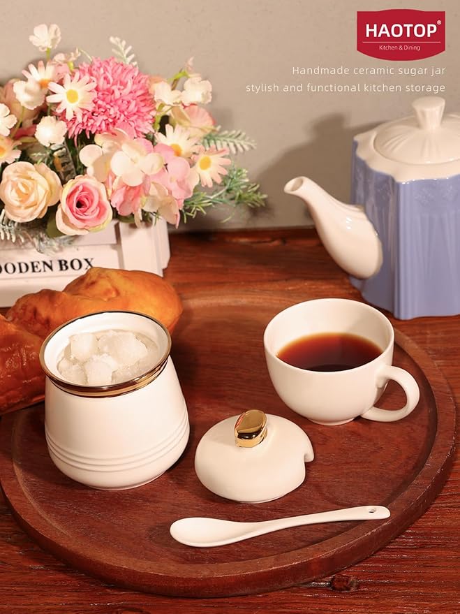 HAOTOP 12oz Sugar Bowl with Lid and Spoon,Simple Ceramic Sugar Jar Sugar Container Sugar Dispenser
