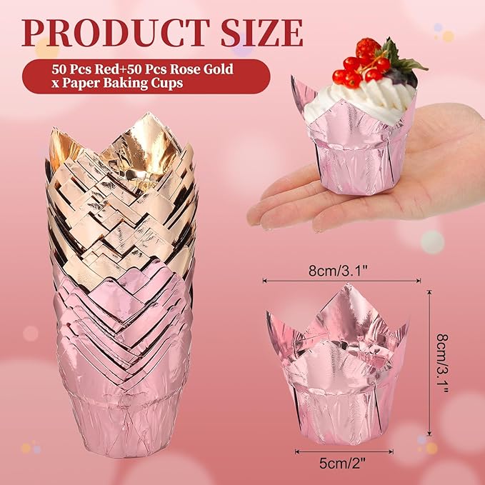 uxcell 100 Pcs Tulip Cupcake Liners, Muffins Liners Aluminum Foil Cupcake Wrappers Baking Cups