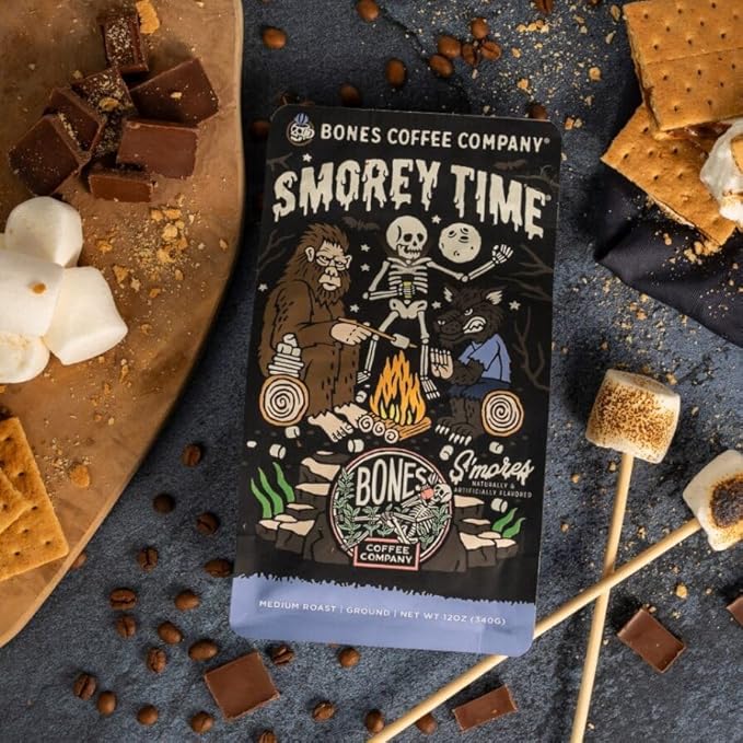 Bones Coffee Company S'morey Time, S'mores and Graham Crackers Flavored Coffee, Medium Roast Low