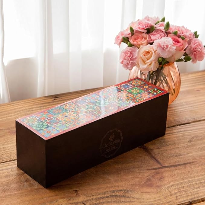 Octavius - Assorted Tea Variety Pack in Tile Motif Design Wooden Box | 6 Flavors, 60 Tea Bags |