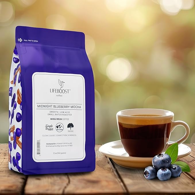 Lifeboost Midnight Blueberry Mocha Whole Bean Coffee - Non-GMO Wild Blueberry Low Acid Single