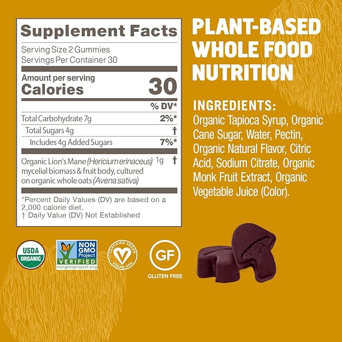 OM Mushroom Superfood Lion's Mane Gummies, 60 Count, 30 Servings, USA Grown Organic Mushrooms