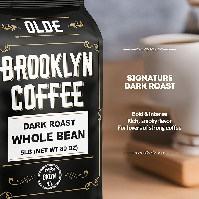 BROOKLYN COFFEE Whole Bean, Classic Dark Roast (5lb) Bold, Smooth Taste, Intense Aroma - Fresh Bulk