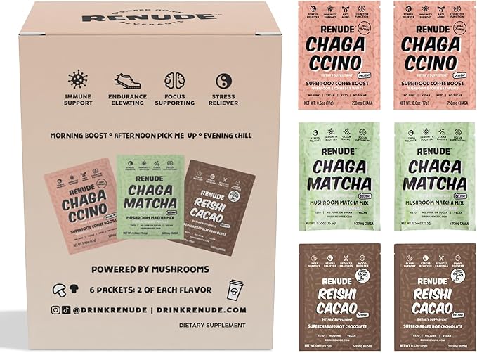 Renude Variety Pack - Mushroom Matcha, Coffee & Hot Chocolate, Cacao Powder, Natural Vegan