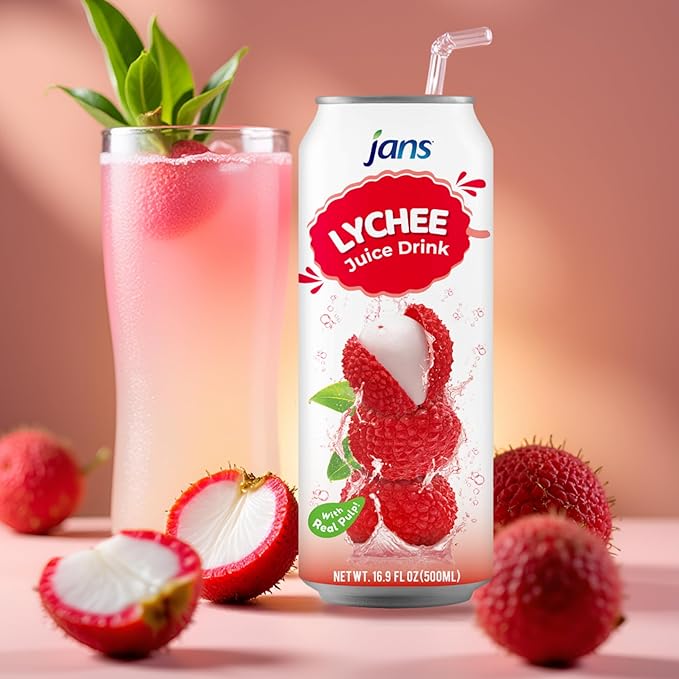 Jans Tropical Lychee Juice Drink with 100% Real Lychee Jelly (12-Pack,16.9 Fl Oz Canned) - Superior