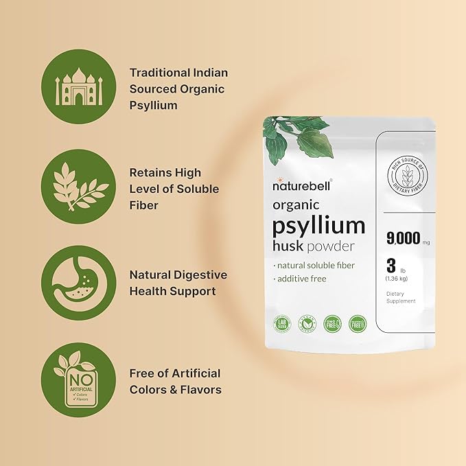 NatureBell Psyllium Husk Fiber Supplement, 9,000mg Per Serving, 3lb (48oz) Powder | Organic Soluble