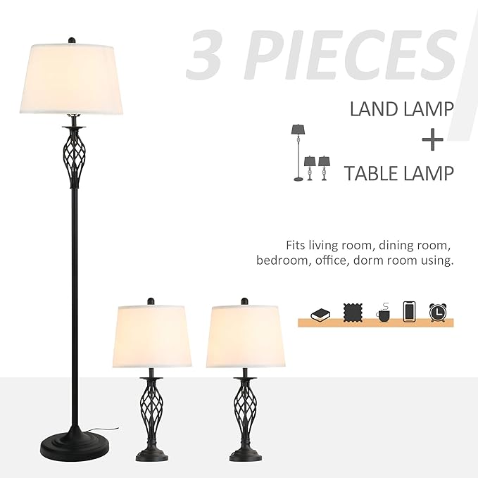 HOMCOM 3 Piece Table Floor Lamp Set with Metal Pole, Round Base, and Fabric Lampshade, for Living