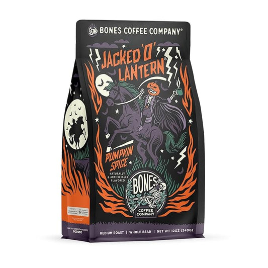 Bones Coffee Company Jacked 'O' Lantern, Pumpkin Spice Flavored Coffee, Medium Roast Low Acid