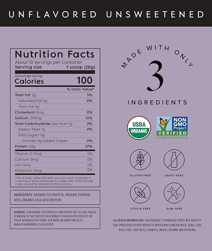 Truvani Vegan Pea Protein Powder | Unflavored | 20g Organic Plant Based Protein | 10 Servings |