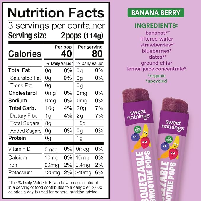 Sweet Nothings, Banana Berry, USDA Organic Kids' Squeezable Fruit Smoothie Popsicle Pops, Value