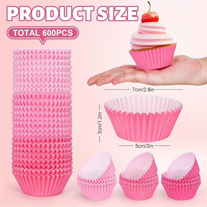 Whaline 600Pcs Pink Cupcake Liners Pink Cupcake Wrappers Disposable Paper Baking Cups 3 Styles