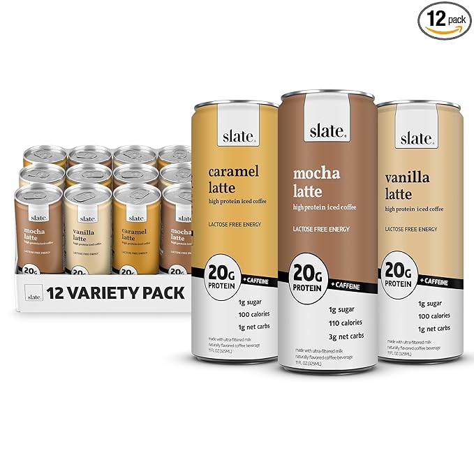 Slate Milk - High Protein Iced Coffee - Energy Variety Pack - Caramel Latte, Mocha Latte, Vanilla