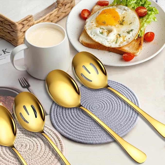 4 Piece Stainless Steel Serving Spoons Set, 10-Inch, Includes 2 Large, 2 Slotted, for