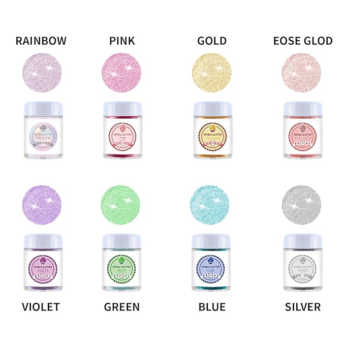 Edible Luster Dust 8 Colors Set - Edible Glitter for Cocktails, Rainbow Food Grade Powder Glitter
