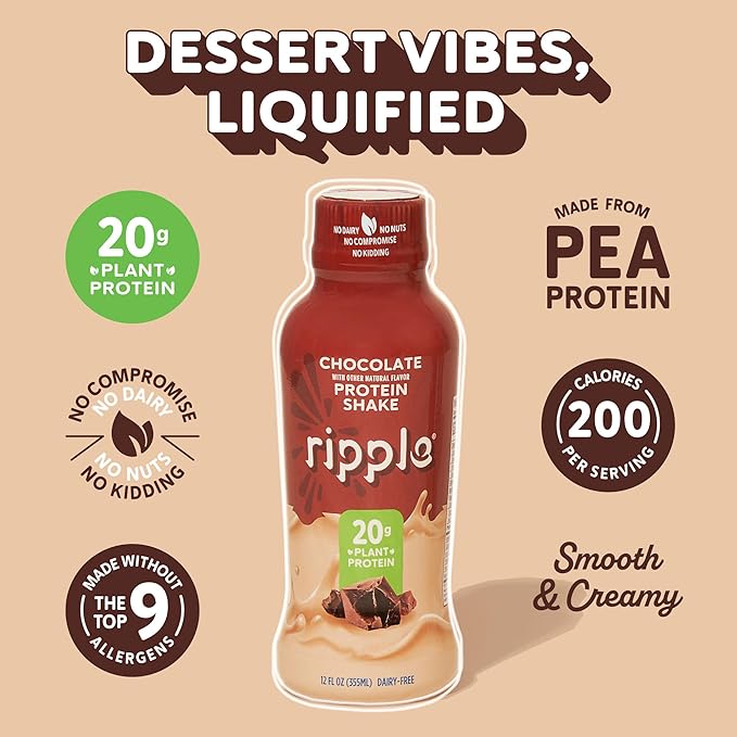 Ripple Vegan Protein Shake | Chocolate | 20g Nutritious Plant Based Pea Protein | Shelf Stable | No