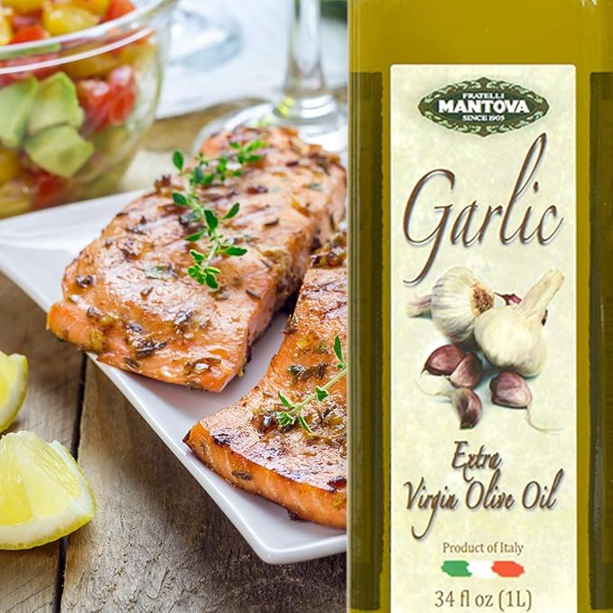 Mantova Garlic Extra Virgin Olive Oil (EVOO), Cold-Pressed and Imported from Italy 34 oz Glass