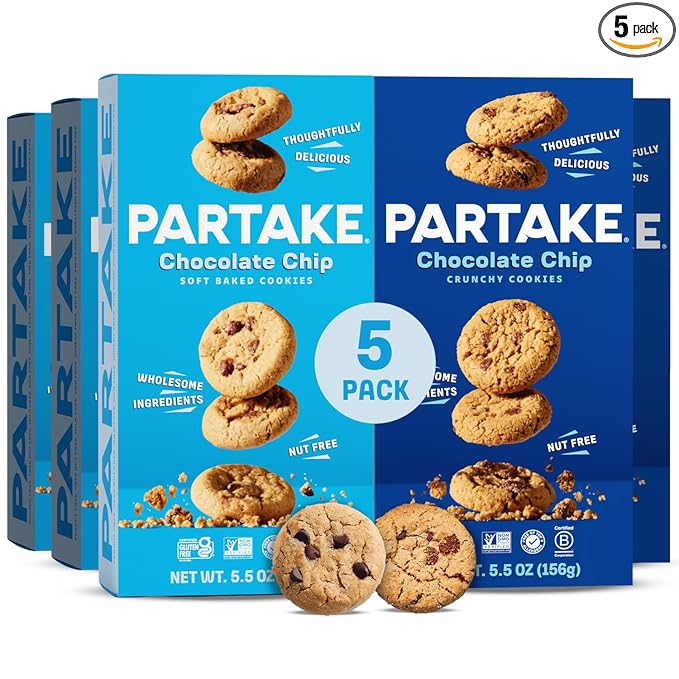 Partake Gluten Free Crunchy & Soft Baked Chocolate Chip Cookies Variety Pack - Vegan - Free From