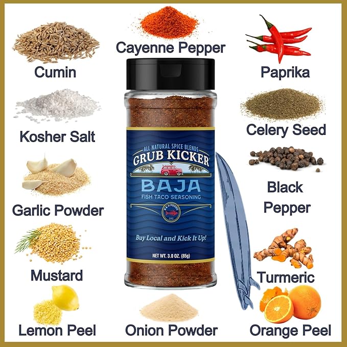 Grub Kicker Fish Taco Seasoning Baja Blend - 3 oz Bottle - Taco Seasoning Mix Spice for Seafood