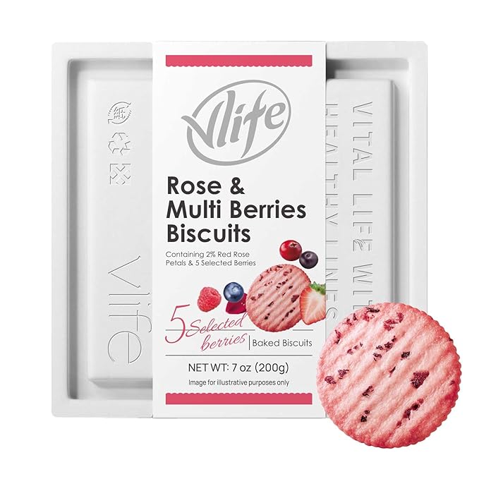 V-LOONG Rose & Multi Berries Biscuits, Vlife Baked Round Crackers, Sweet and Crispy Snacks, (1