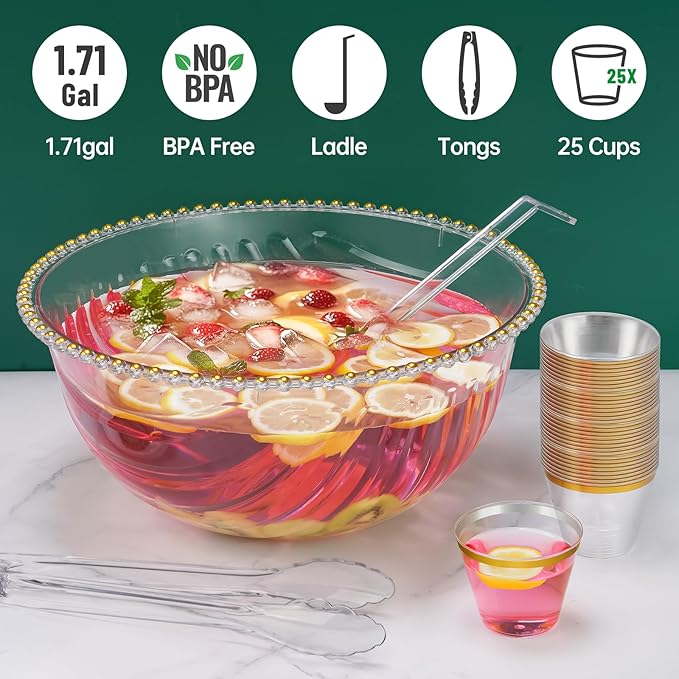 NiHome Large Plastic Punch Bowl with Ladle, Tongs and 25 Gold-Rimmed Cups for Wedding, Birthday