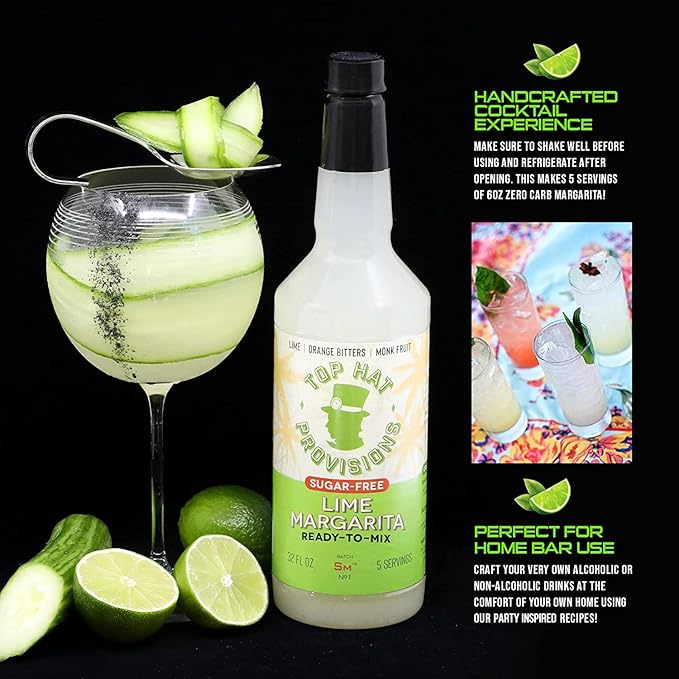 Top Hat Keto Sugar Free Lime Margarita Mix - Naturally Sweetened with Monk Fruit - Craft Mixer for