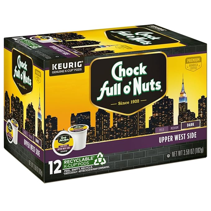 Chock Full o'Nuts Upper West Side Coffee, Dark Roast, Compatible with K-Cup Pods, 12 CT (Pack of 3)