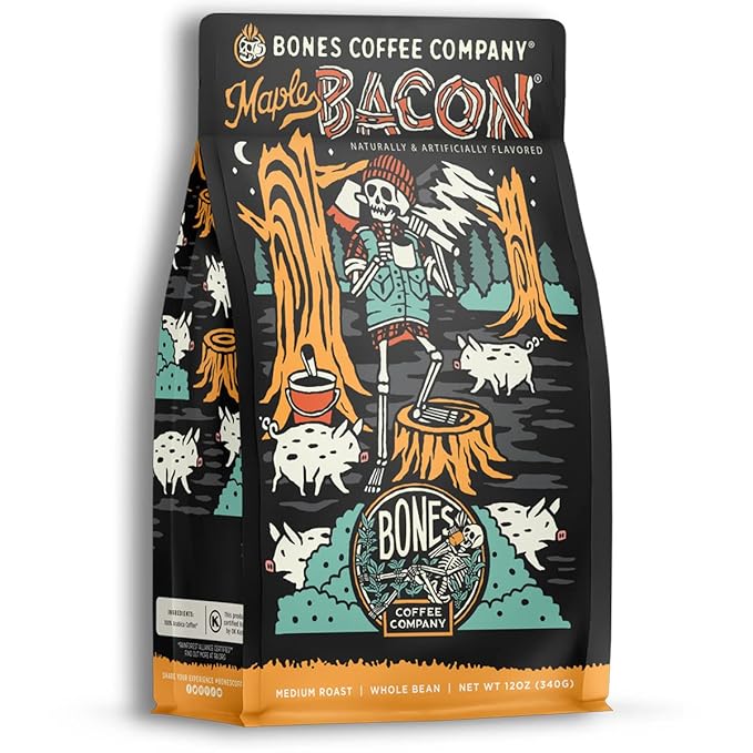 Bones Coffee Company Maple Bacon, Bacon and Maple Syrup Flavored Coffee, Medium Roast Low Acid