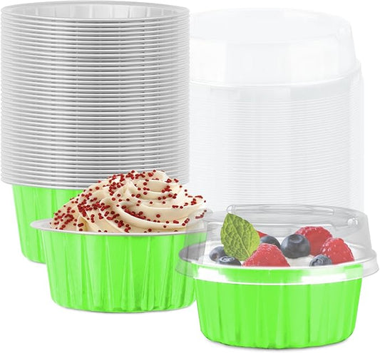 50 Pack Baking Cups with Lids, Aluminum Foil Cupcake Cups Muffin Liners, Disposable Foil Ramekins