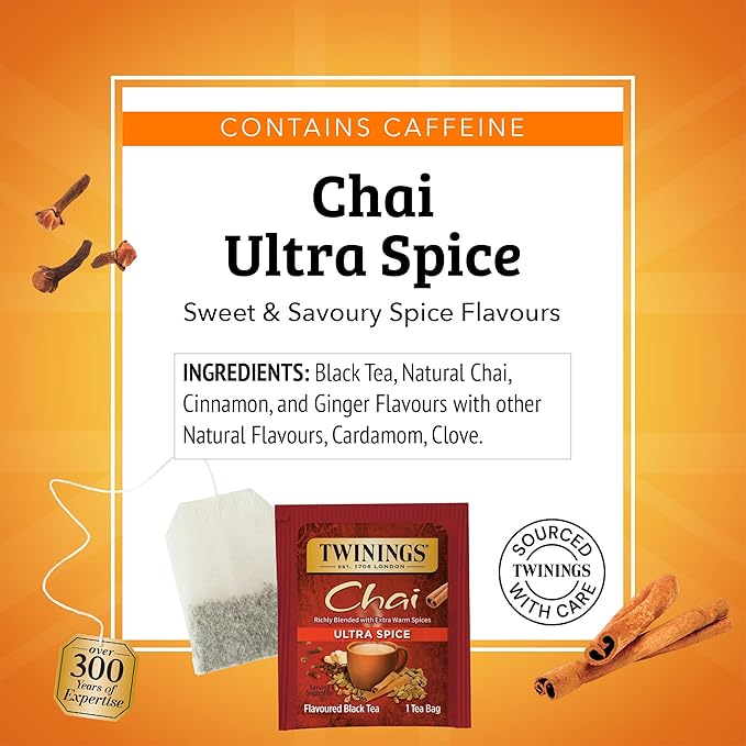 Twinings Chai Tea, Ultra Spice Chai Tea Bags with Cinnamon, Ginger, Cardamon, Clove for a Spicy