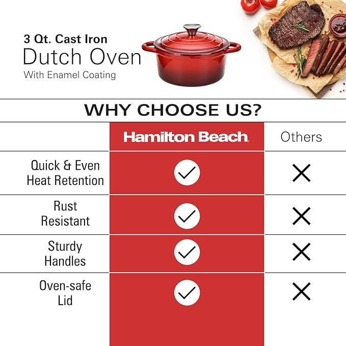 Hamilton Beach 3-Quart Enameled Cast Iron Dutch Oven with Lid | Heavy-Duty Pot for Braising