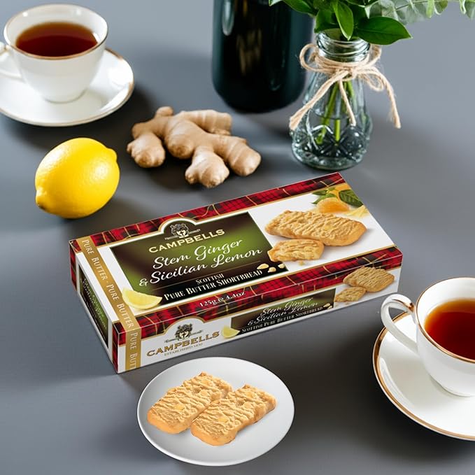 Campbells Shortbread with Stem Ginger & Sicilian Lemon 4.41 Oz (Pack of 3) - Pure Butter Scottish