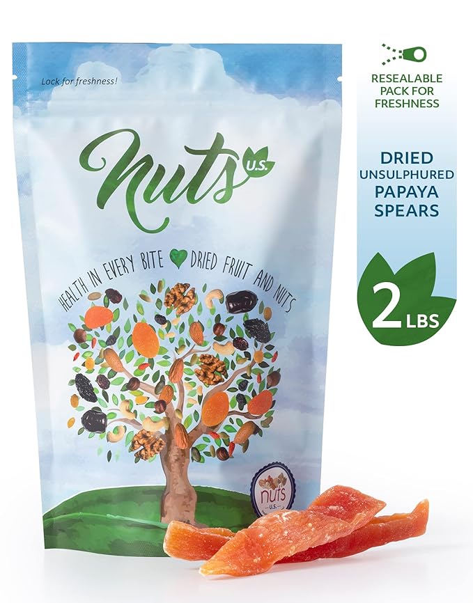 NUTS U.S. - Dried Papaya Spears (Unsulphured) | Low Sugar. Lightly Sugar Coated | No Color Added |