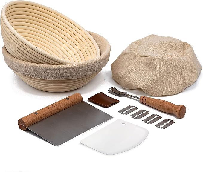 Kook Proofing Set, Sourdough Bread, 2 Rattan 9 Inch Banneton Baskets, 2 Basket Covers, Metal